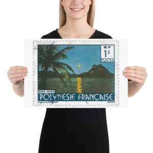 Full Moon Rising over Bora Bora Vintage French Polynesia Stamp Poster