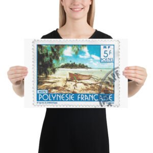 Vintage 1980 Beach in French Polynesia Stamp 5F Poster