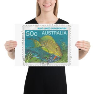 Vintage 1980 Australia Blue-Lined Surgeonfish Stamp Poster